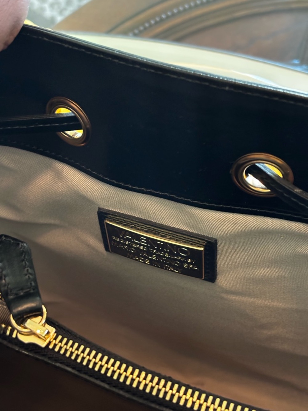 Valentino Brown & Black Logo Drawstring Bucket Bag - Picture 5 of 10